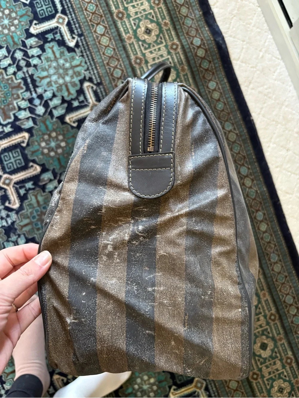 Fendi Striped Pequin Canvas /w Black Leather Duffel Bag